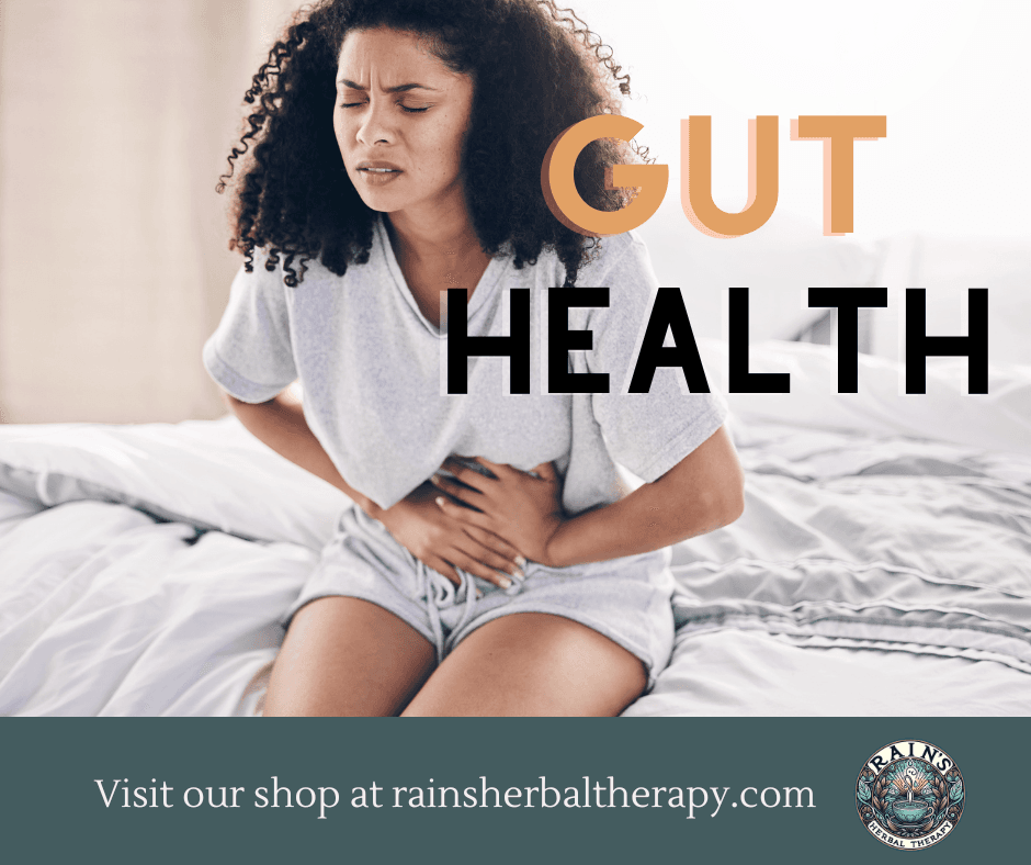 Original Gut Health article graphic showing a woman holding her abdomen, with Rain’s Herbal Therapy branding.