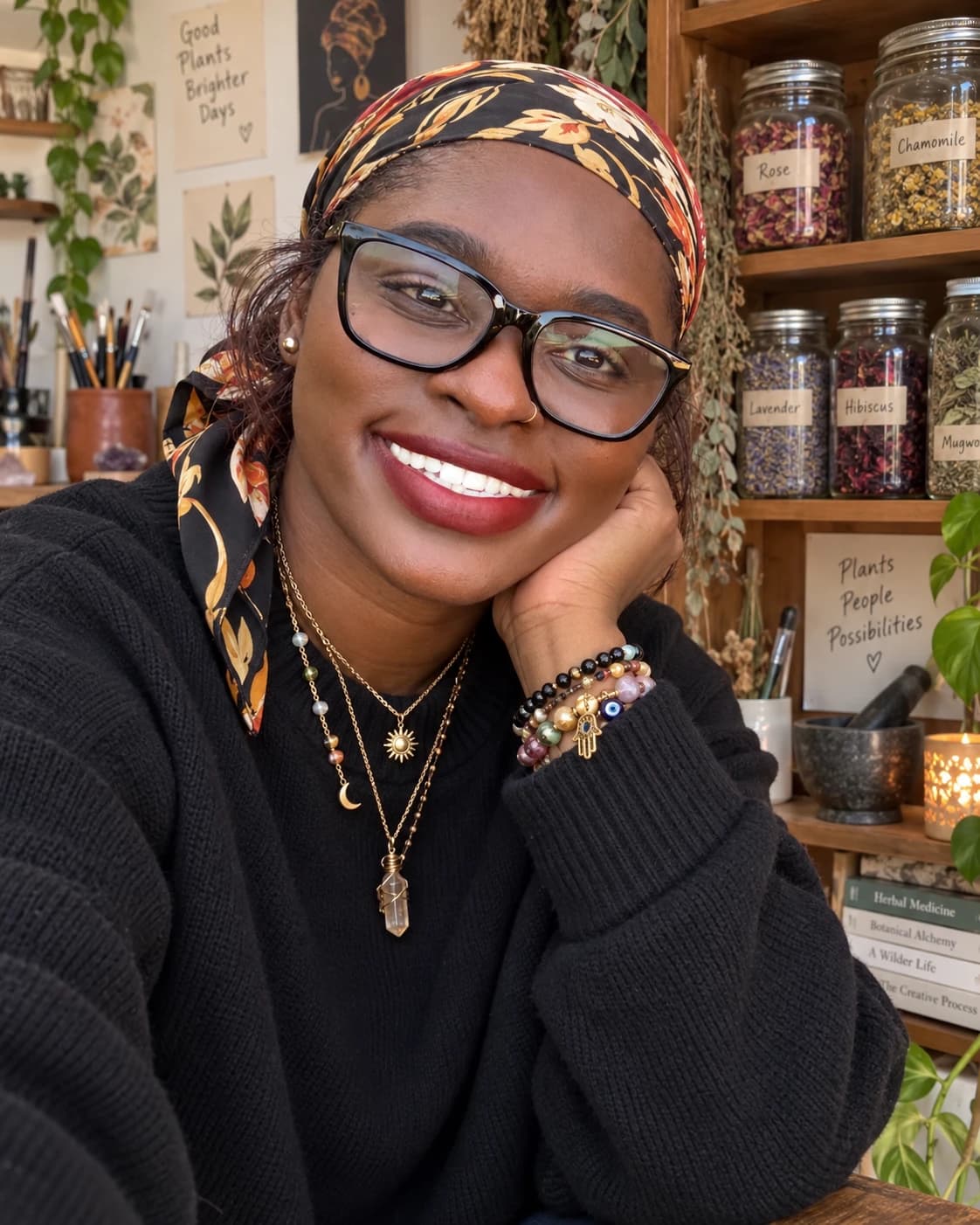 Rain smiling beside shelves of dried herbs, wearing glasses and a patterned headscarf.