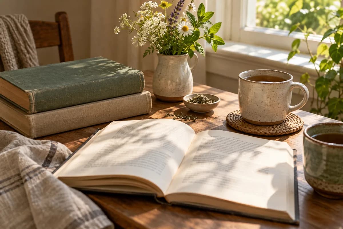 A few cloth-bound books and two cups of tea by a sunny window.