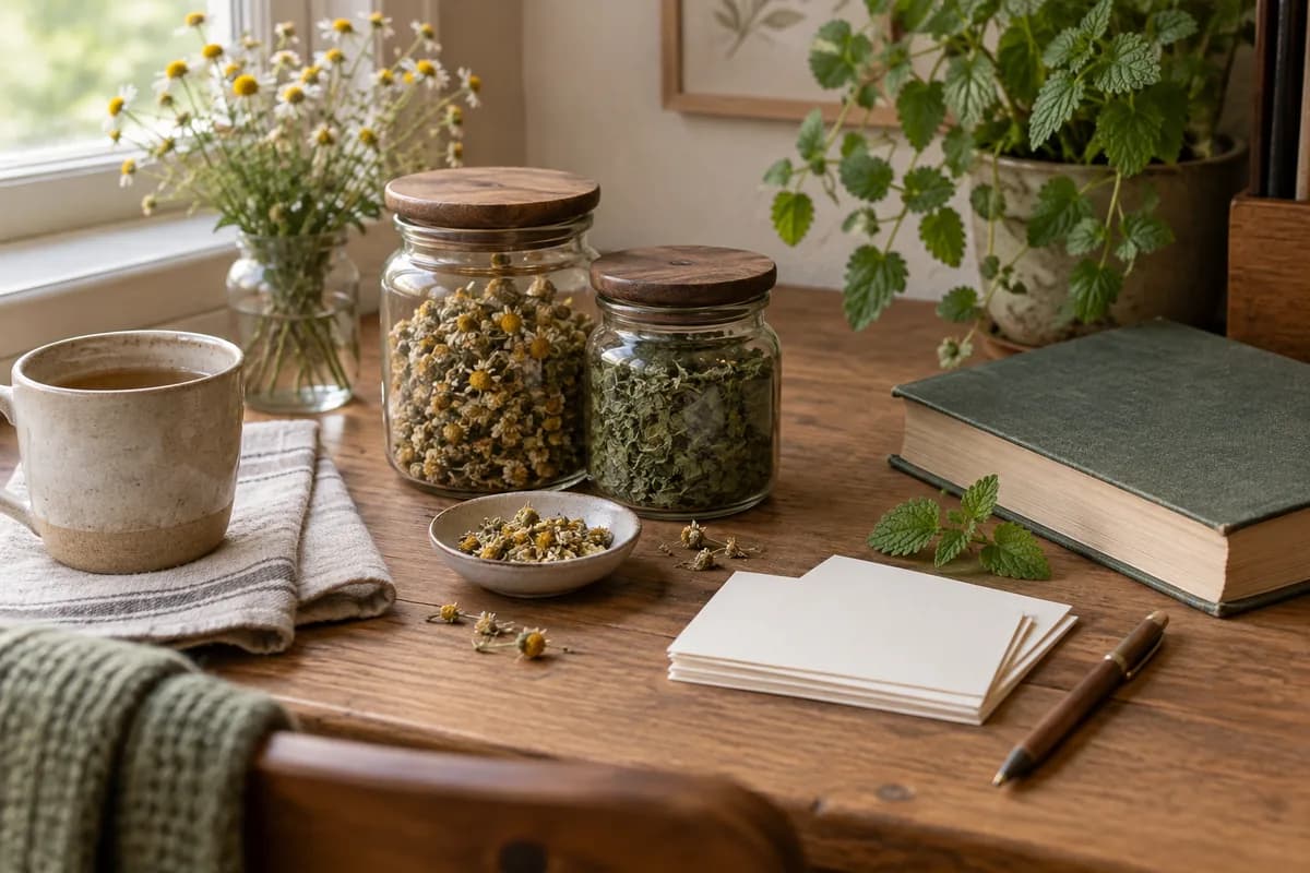 Glass herb jars, index cards, and a reference book on a wooden desk.