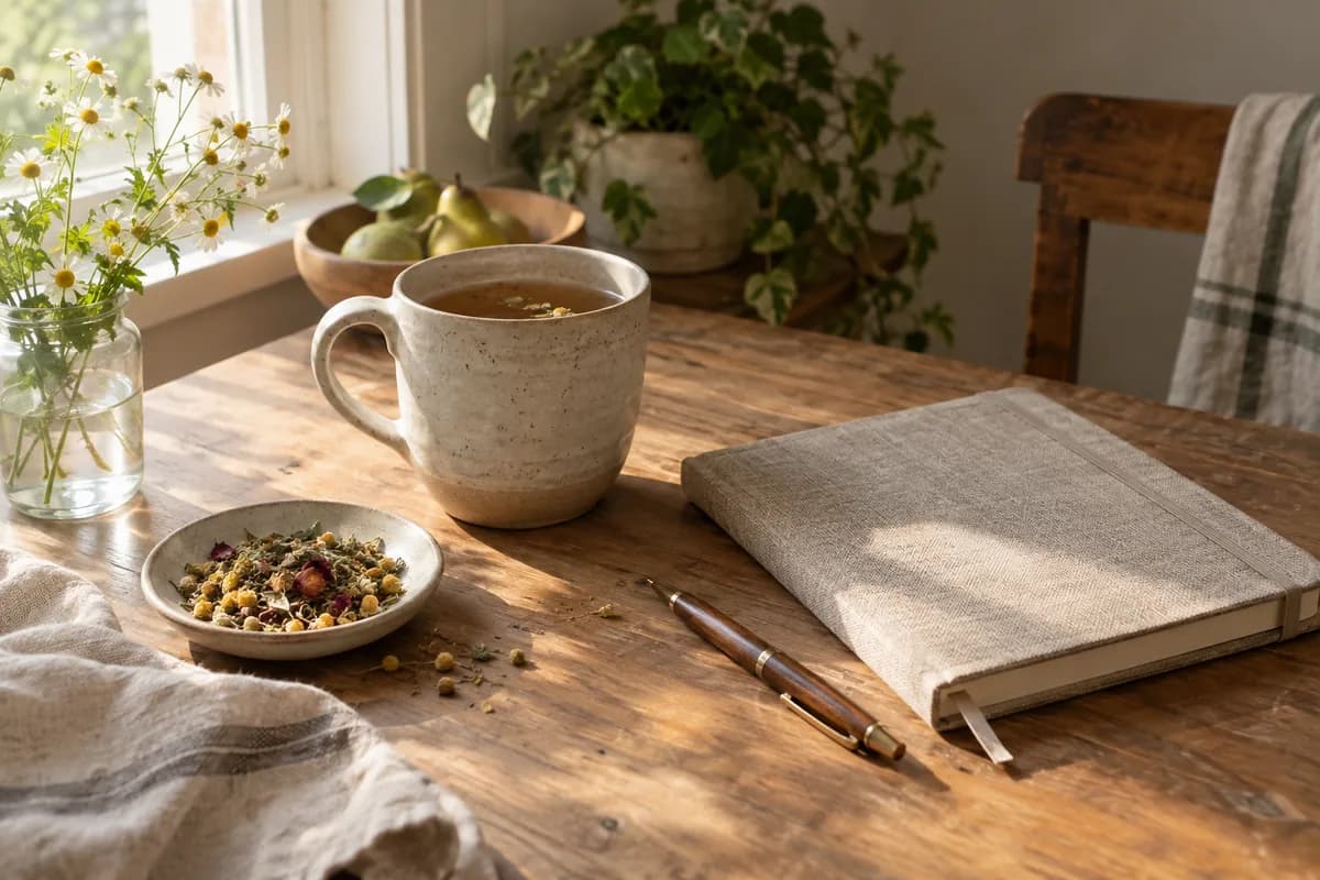 A notebook, a cup of tea, and loose herbs on a kitchen table.