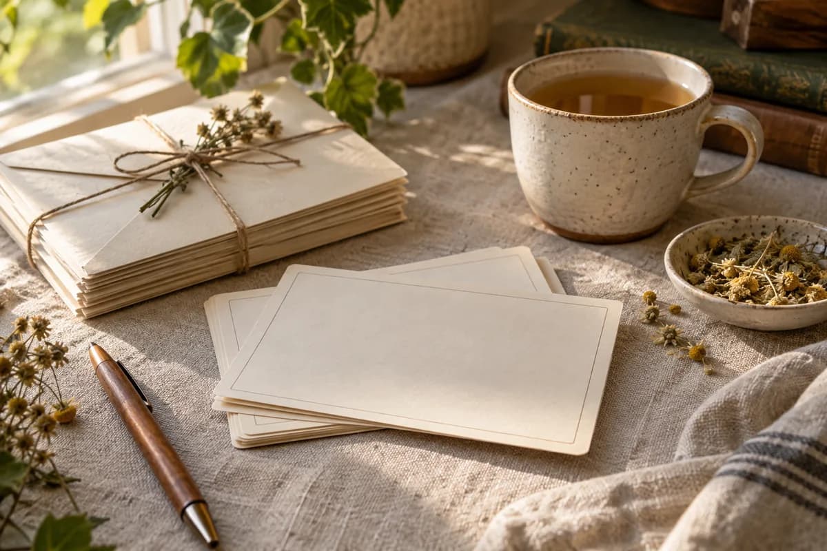 Cream envelopes tied with twine, blank cards, and dried chamomile beside a cup of tea.