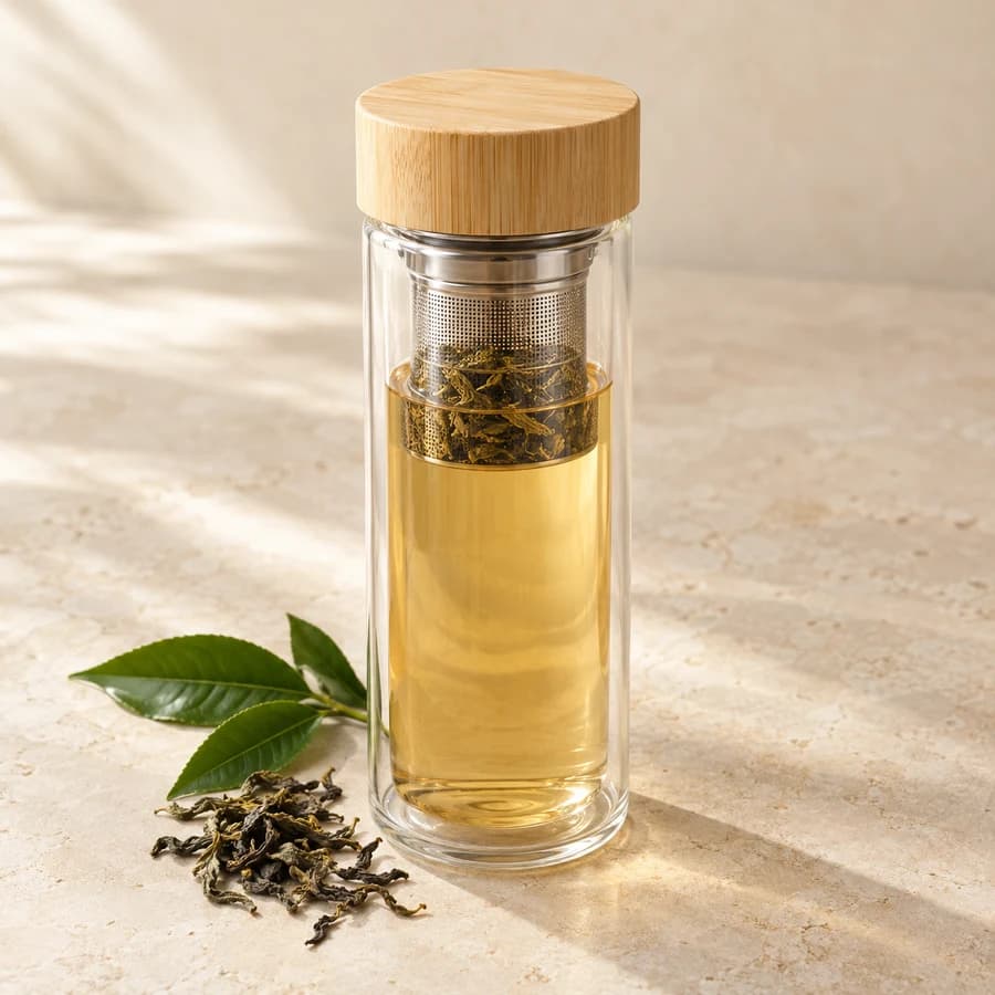 Generated product image: A clear double-walled tea bottle with a wooden lid, stainless steel infusion basket, amber tea, and loose leaves.