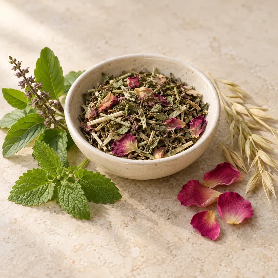Generated product image: A bowl of loose tulsi, lemon balm, oat straw, and rose tea with fresh leaves and rose petals.