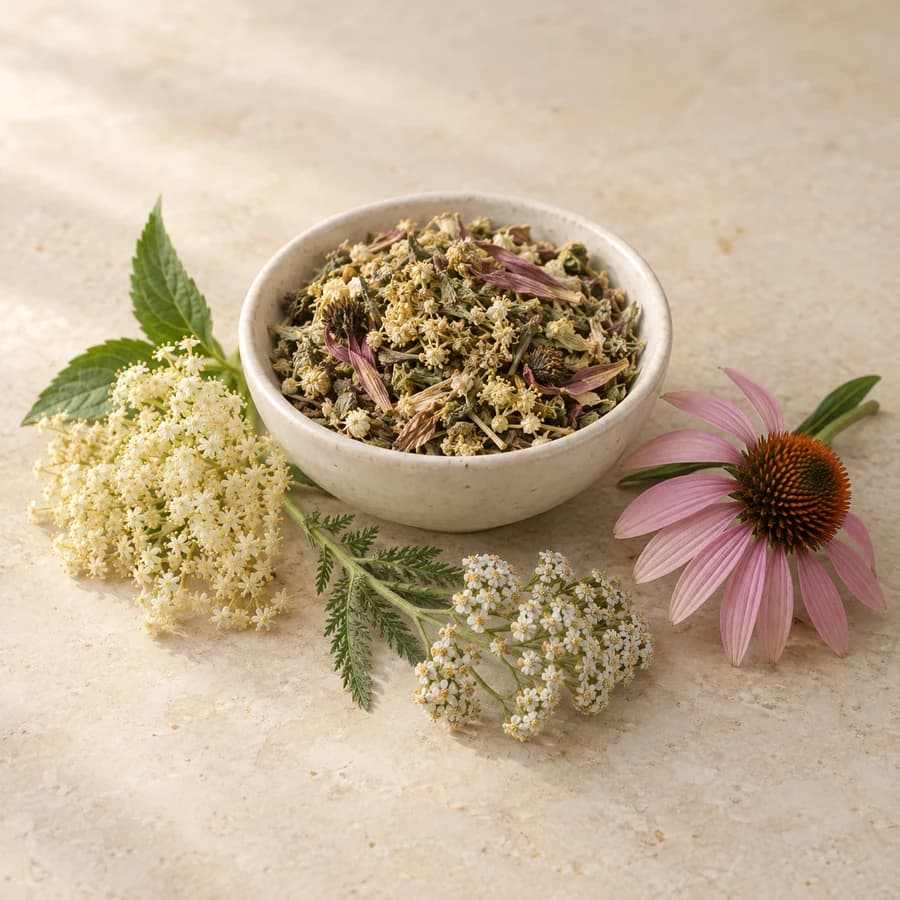 Generated product image: A bowl of loose elderflower, yarrow, and echinacea tea with flowering stems beside it.