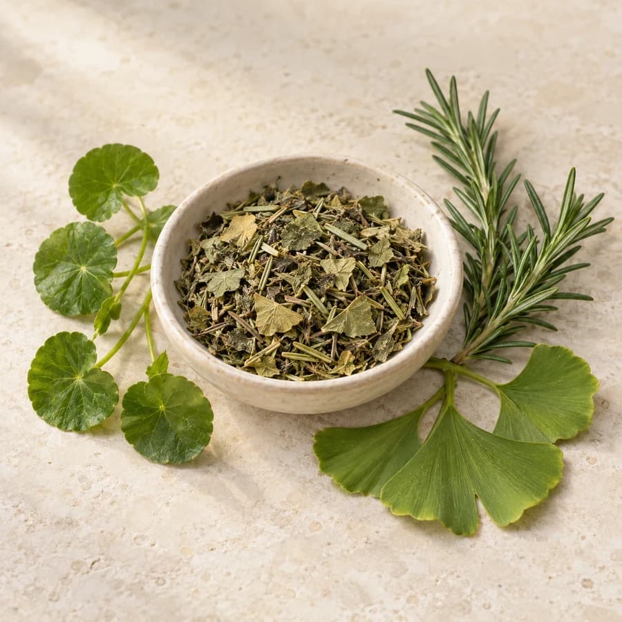 Generated product image: A bowl of loose gotu kola, rosemary, and ginkgo tea with round leaves, rosemary sprigs, and ginkgo leaves.