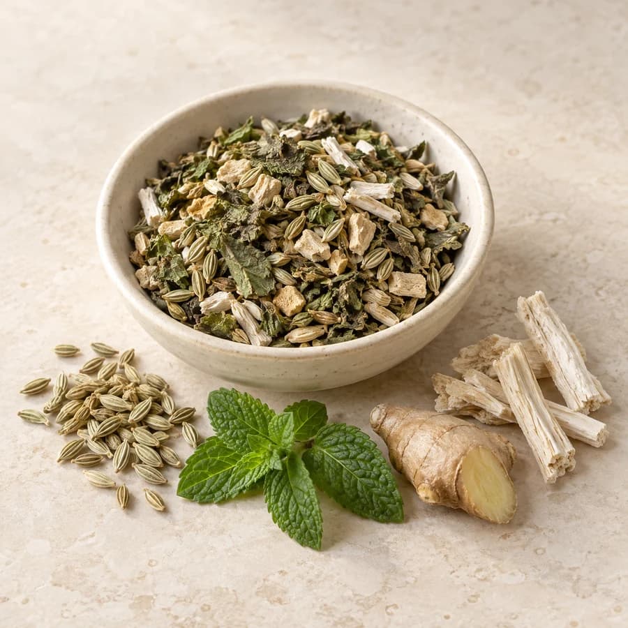 Generated product image: A bowl of loose fennel, peppermint, ginger, and marshmallow root tea with seeds, leaves, and roots.