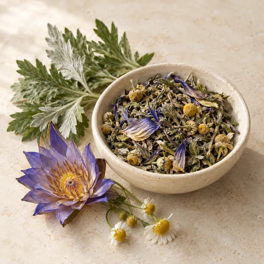 Generated product image: A bowl of loose mugwort, blue lotus, and chamomile tea with mugwort leaves and flowers.