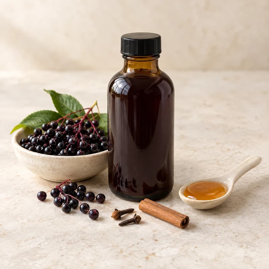 Generated product image: An unlabelled amber syrup bottle with elderberries, honey, cloves, and cinnamon.