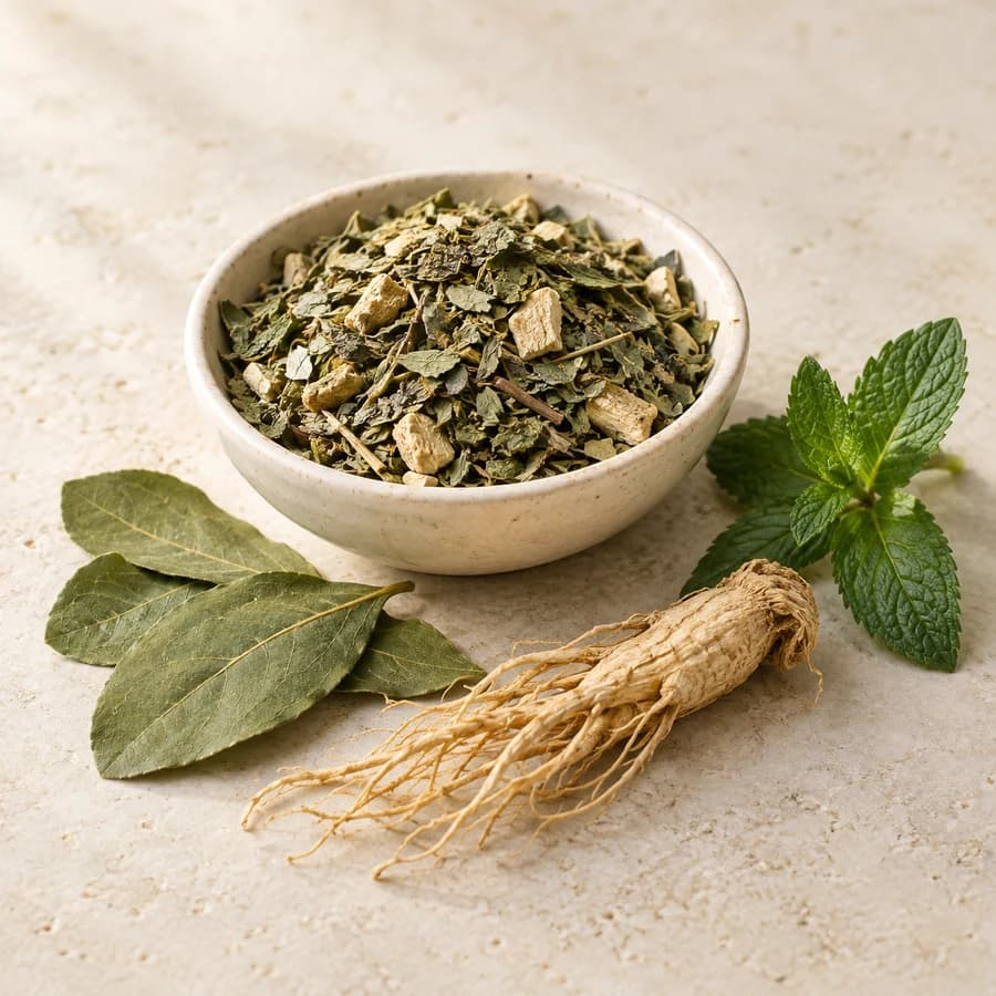 Generated product image: A bowl of loose yerba mate, ginseng, and peppermint tea with leaves and a ginseng root.