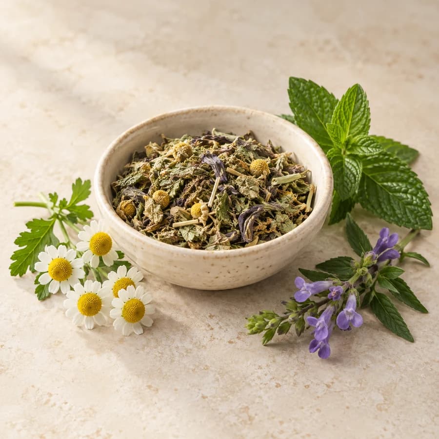 Generated product image: A bowl of loose feverfew, peppermint, and skullcap tea with flowers and peppermint leaves.