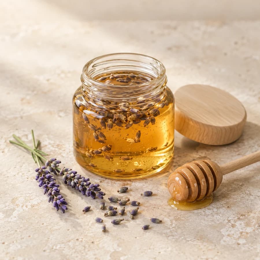 Generated product image: A clear jar of golden lavender-infused honey with a wooden lid, honey dipper, and lavender.