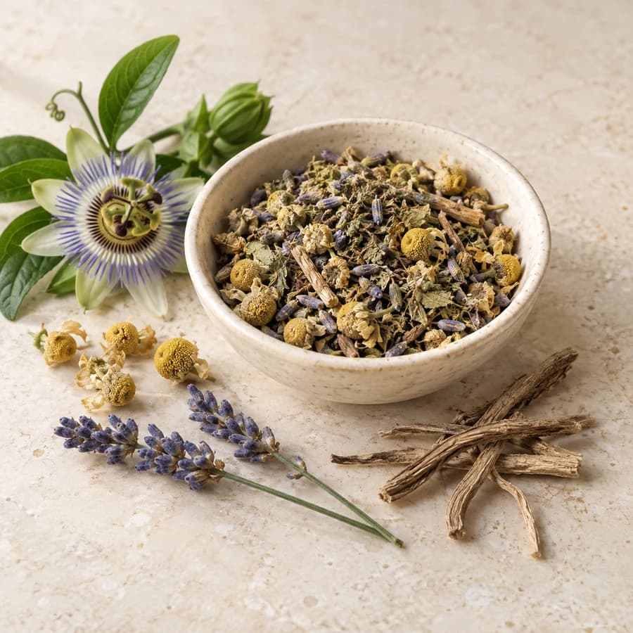 Generated product image: A bowl of loose chamomile, lavender, passionflower, and valerian tea with flowers and roots beside it.