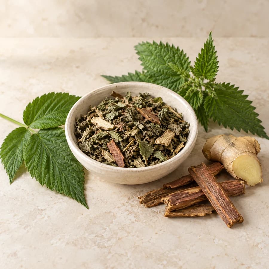 Generated product image: A bowl of loose raspberry leaf, nettle, cramp bark, and ginger tea with leaves, bark, and ginger beside it.