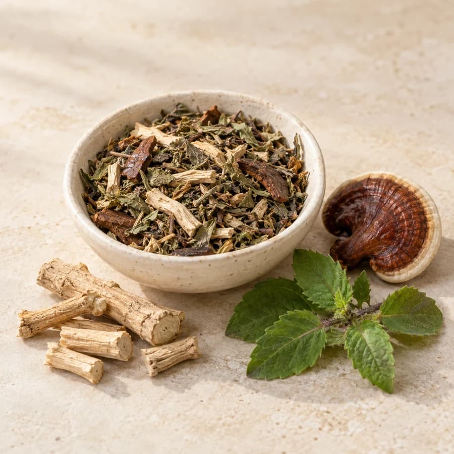 Generated product image: A bowl of loose ashwagandha, holy basil, and reishi tea with root pieces, basil leaves, and a reishi mushroom.