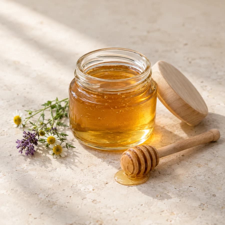 Generated product image: A clear jar of golden honey with a wooden lid, honey dipper, and small wildflower sprigs.