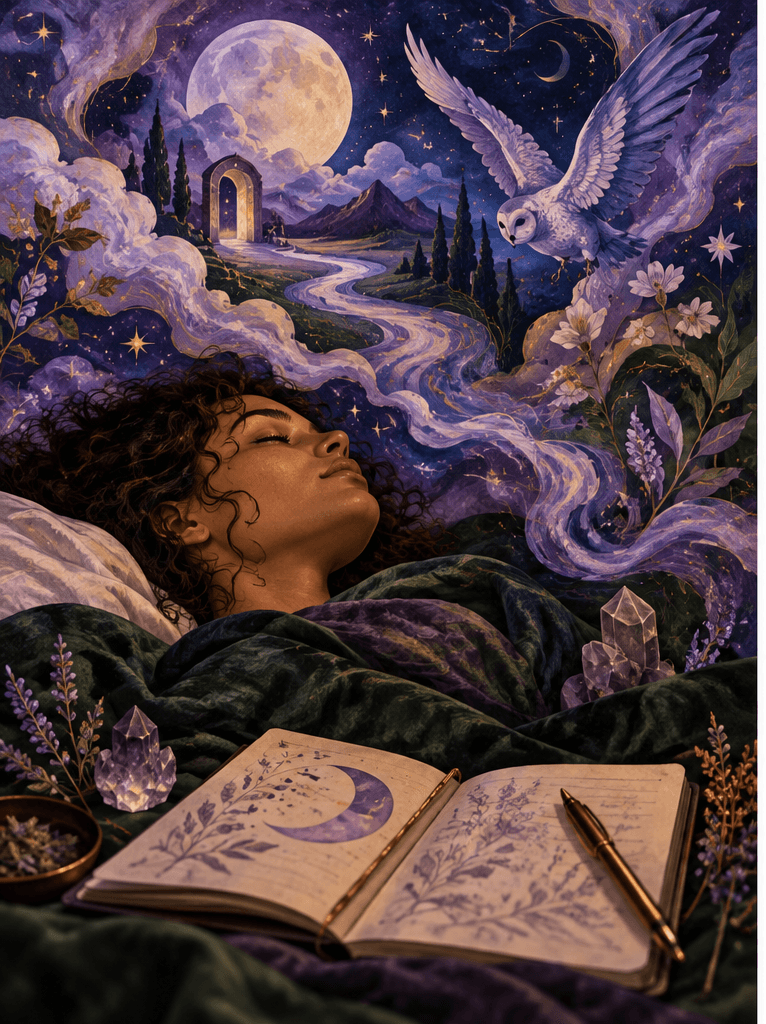 A dream journal and a cup of tea on a quiet bedside table.