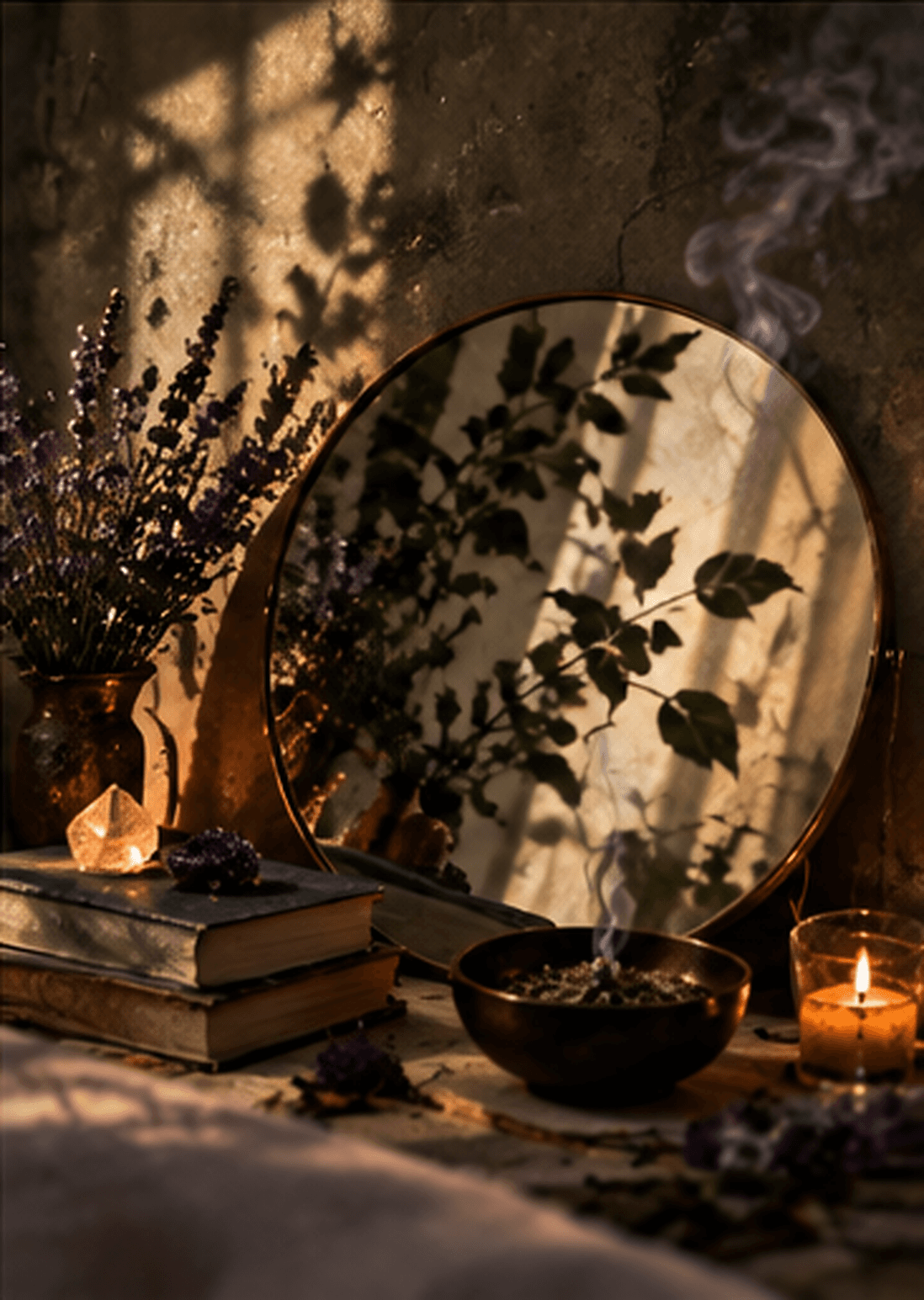 An open journal, a pen, and a round mirror catching the window light.